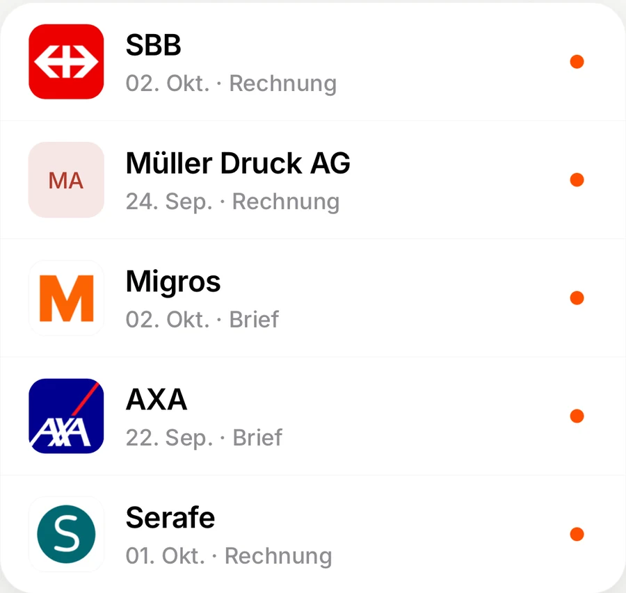 Absender mit Logos von SBB, Migros, AXA und Serafe