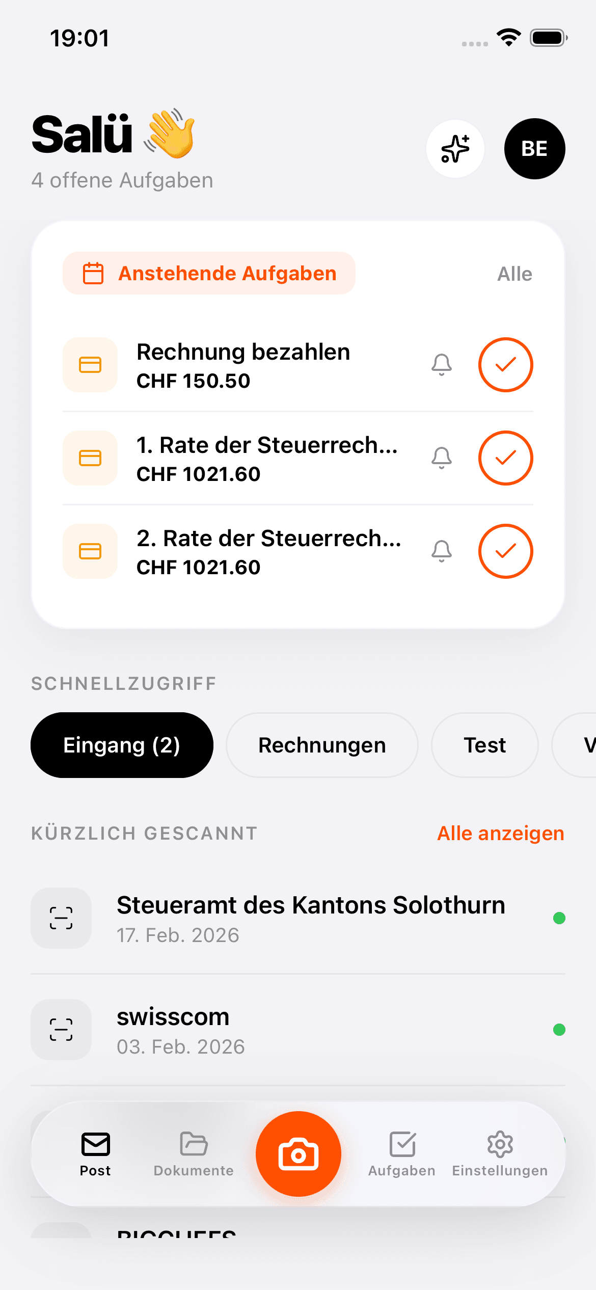 Sortio Posteingang – Salü, 4 offene Aufgaben